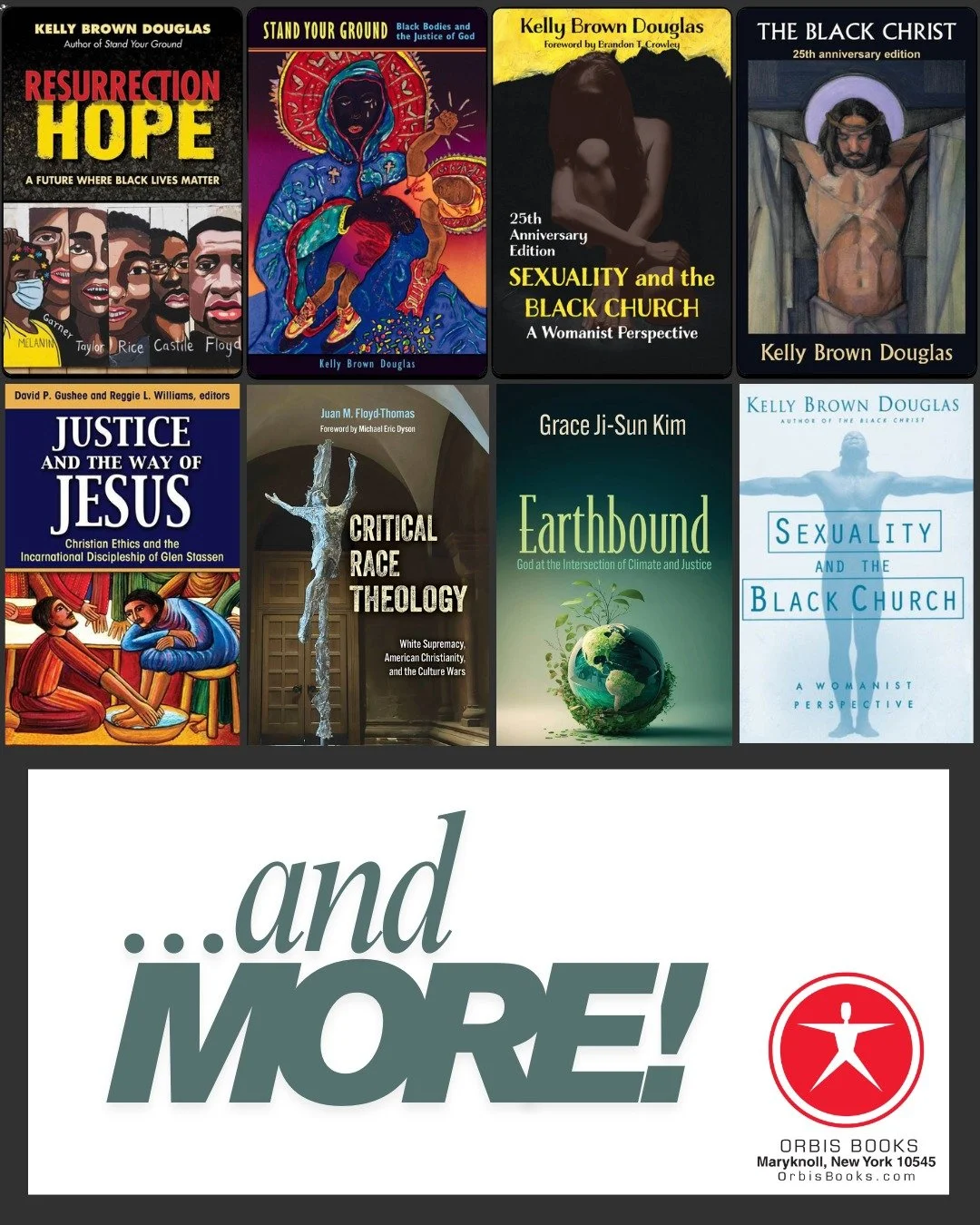 Just a few of the books from this year's speakers that you can find from @orbisbooks! That's right, Kelly Brown Douglas ( @revdrkbd ) Juan Floyd-Thomas, Grace Ji-Sun Kim ( @gracejisunkim ) and Reggie Williams( @regnstace ), and so much more! #theolog