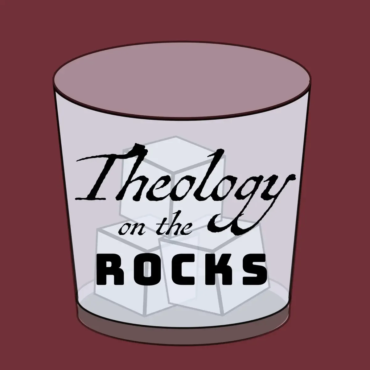 A glass jar labeled "Theology on the Rocks" with ice cubes inside, set against a plain background.