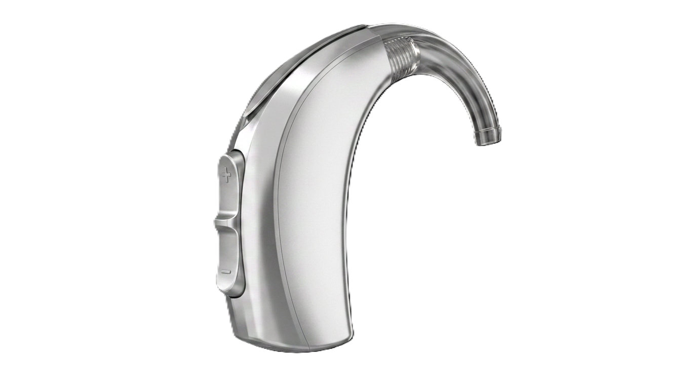 Silver behind-the-ear hearing aid