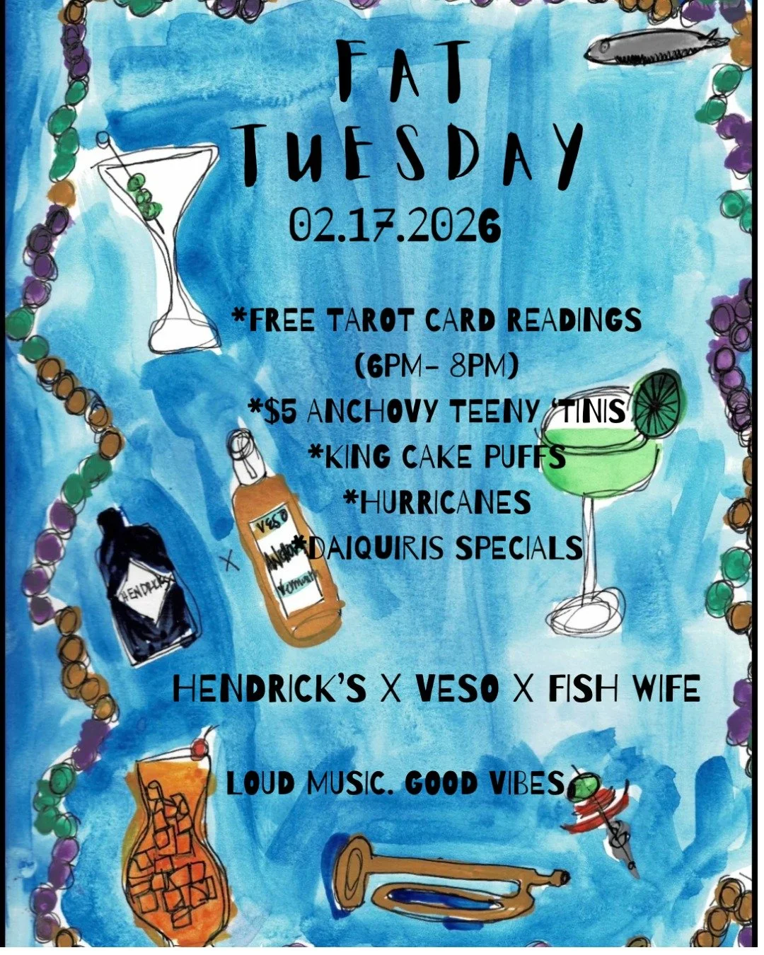 Fat Tuesday has arrived and @travelingmerciesbar is turning the 3rd floor into its own version of Bourbon Street.

&rarr;Free tarot readings
&rarr;$5 Teeny Tinis, King Cake Puffs
&rarr;Hurricanes, Daiquiris
&rarr;Hendricks x Viso x Fish Wife collab

