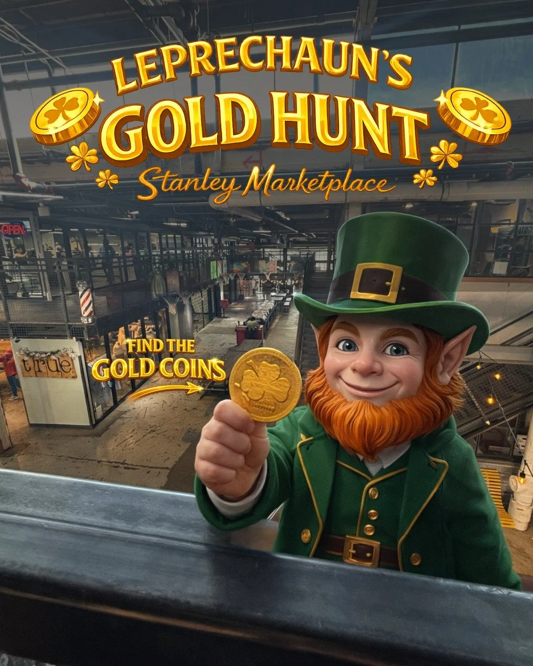 🍀✨ Leprechaun's Gold Coin Hunt &ndash; Happening Today at Stanley Marketplace! ✨🍀

A sneaky leprechaun got into @miettechocolat's gold coins and hid them all around Stanley Marketplace! Find a coin? Enjoy the treat! Find one with a star on it? Brin