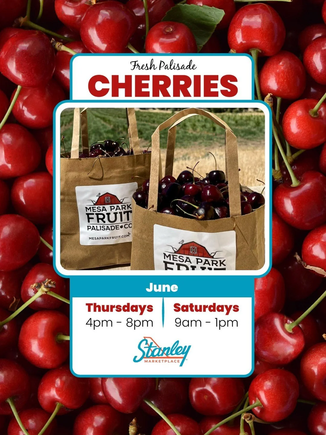Fresh Palisade cherries arrive at Stanley Marketplace this Thursday! Visit @mesaparkfruit on our Southeast Plaza. 🍒 Cherries in June 🍑 Peaches July &amp; August.

Thursdays 4pm-8pm &amp; Saturdays 9am-1pm

Peaches arrive in July and August! Pre-ord