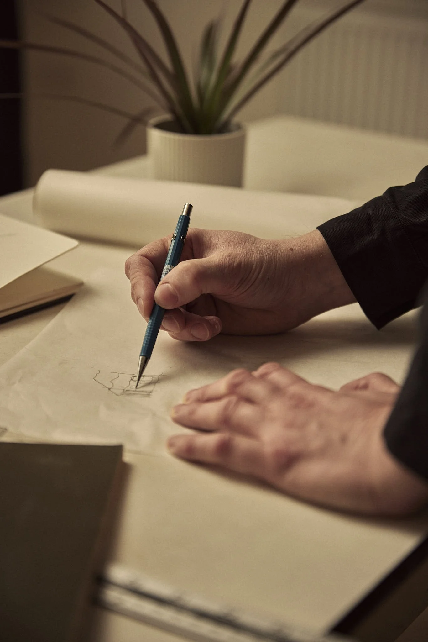 A person drawing in a notebook with a pen, with a potted plant in the background.
