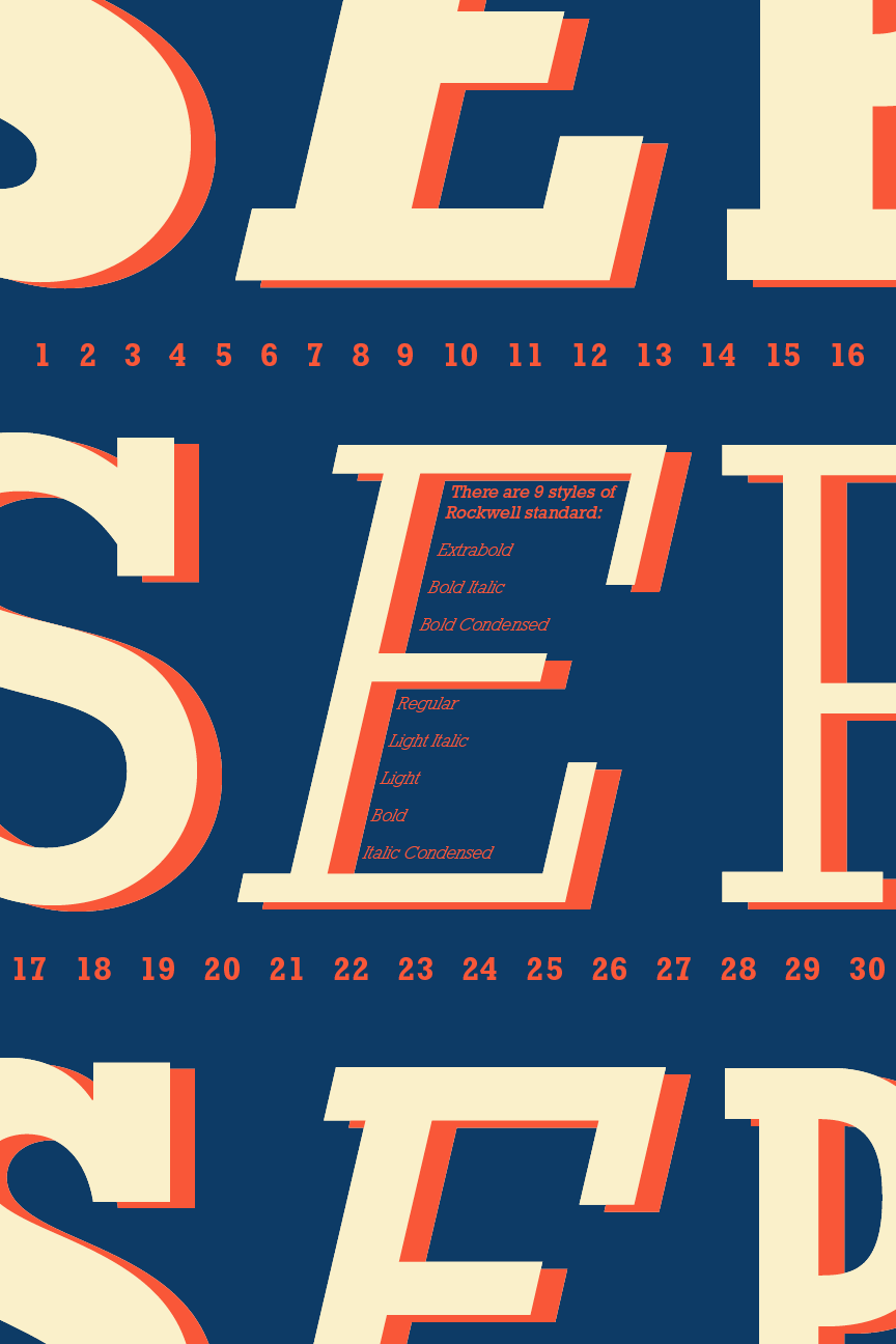 The September spread showcases the nine different styles of the Rockwell typeface.