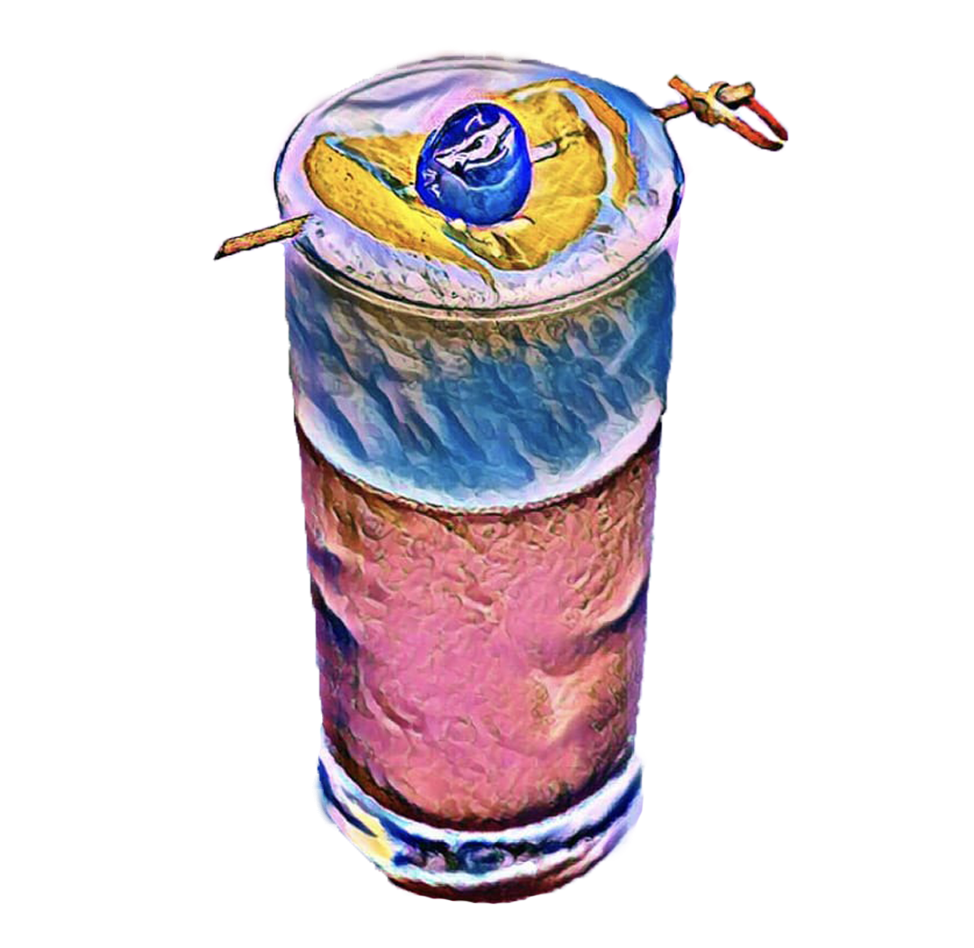 Illustrated tall glass holding a rosy pink cocktail, topped with a blueberry and citrus slice on a cocktail pick, in a vivid painterly style.
