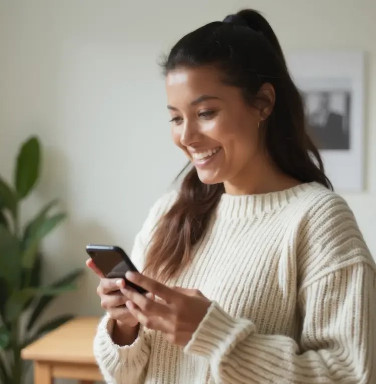 A woman with long dark hair smiling while looking at her phone indoors.
