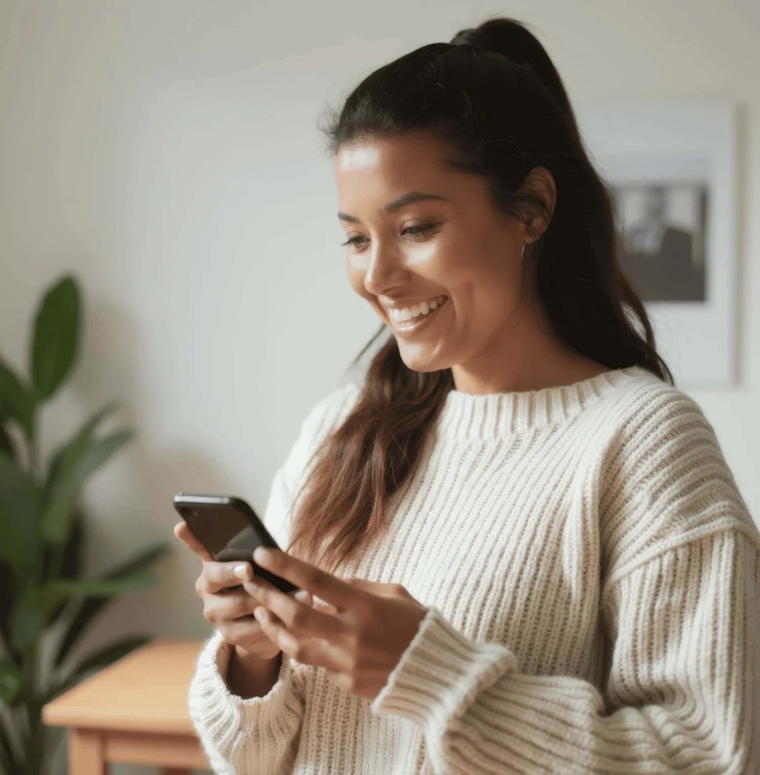 Woman looking at her phone and smiling