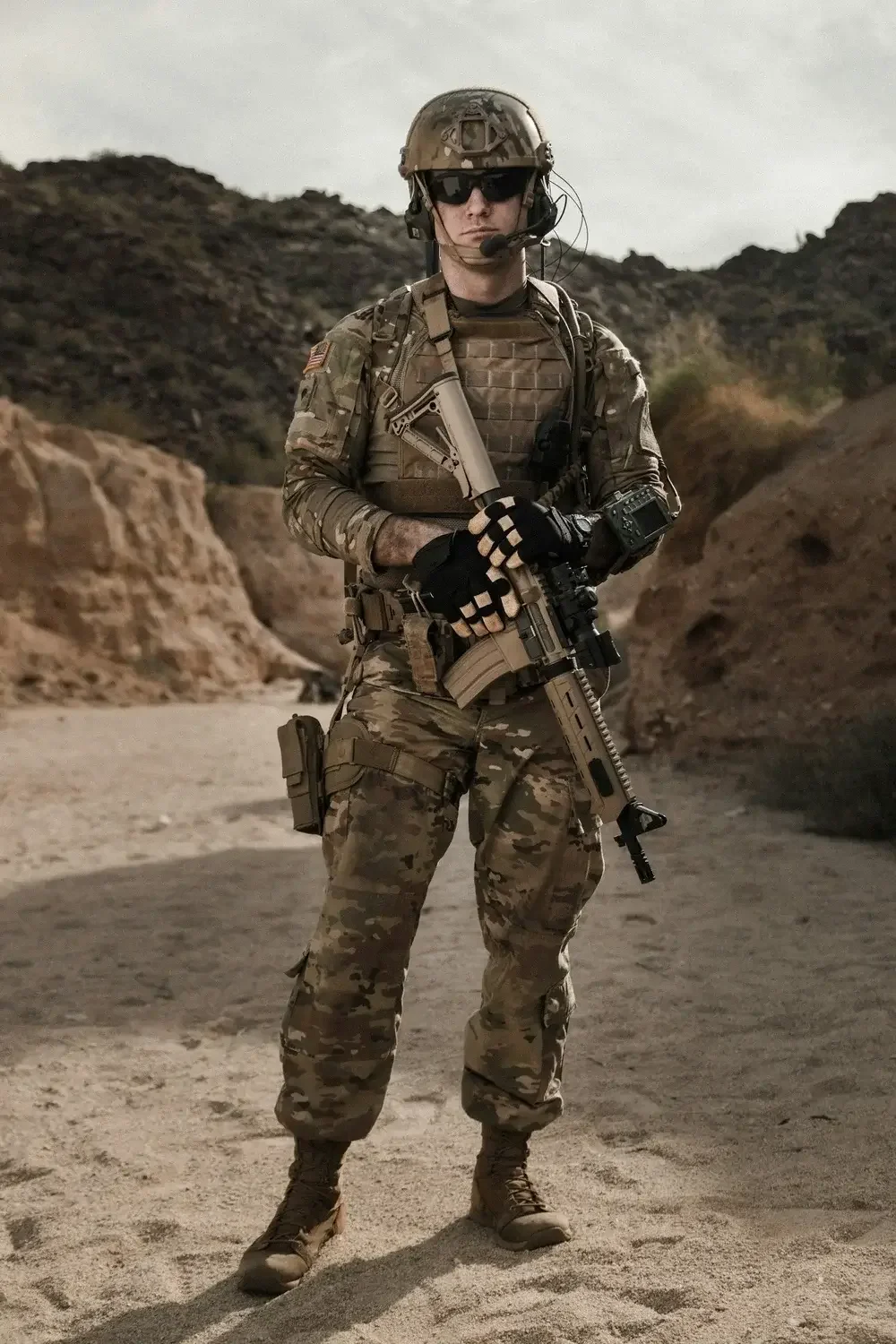 Soldier in desert camouflage uniform holding rifle, wearing tactical gear, sunglasses, and helmet in desert landscape.