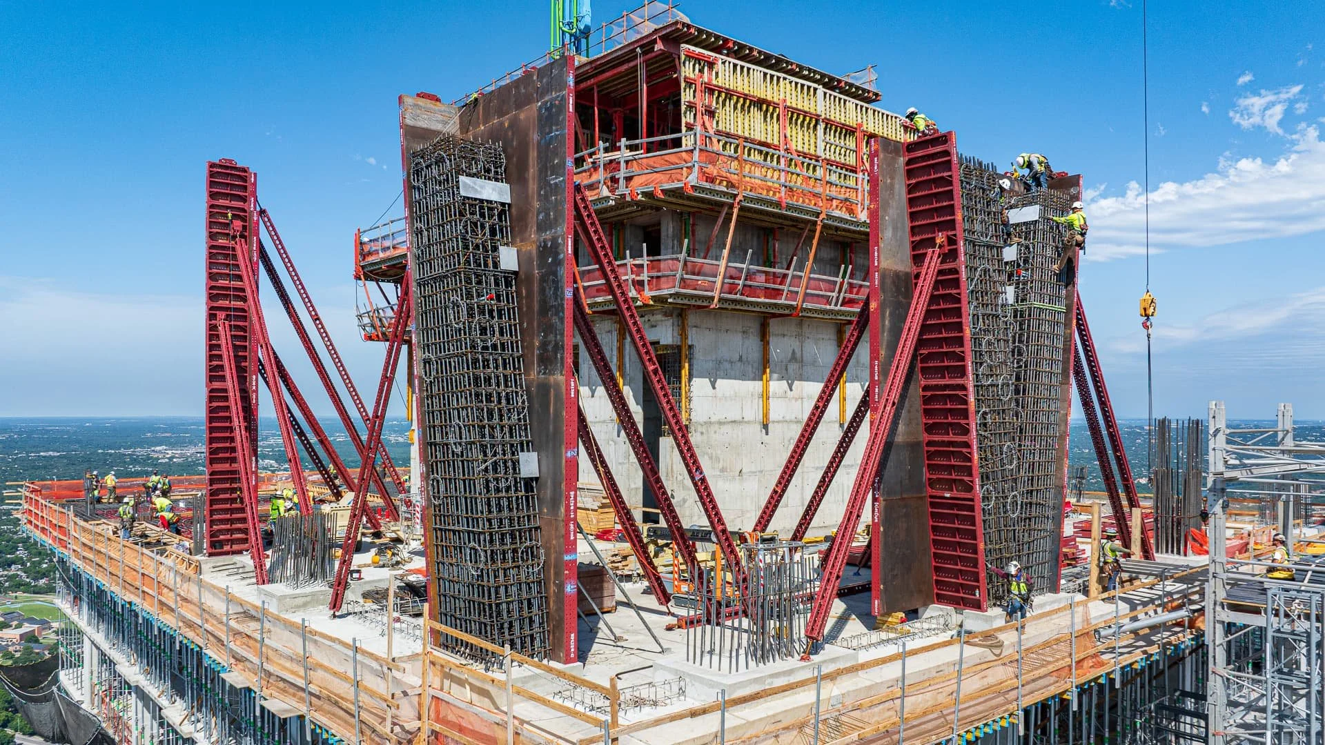 Drone aerial progress photo of Waterline high-rise construction project DPR Construction in downtown Austin, Texas.