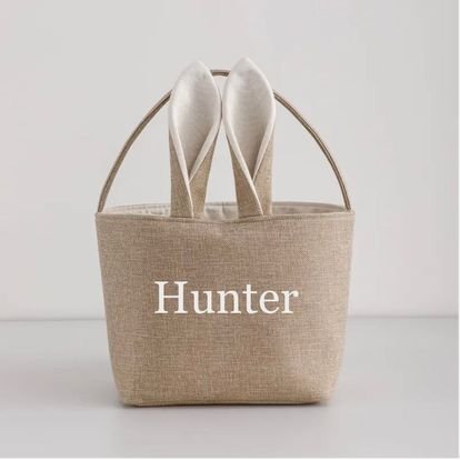 Custom Personalized Name Embroider Rustic Easter Basket with Bunny Ears, Tote Embroidered, Linen, Rustic, Names | Springrock Designs