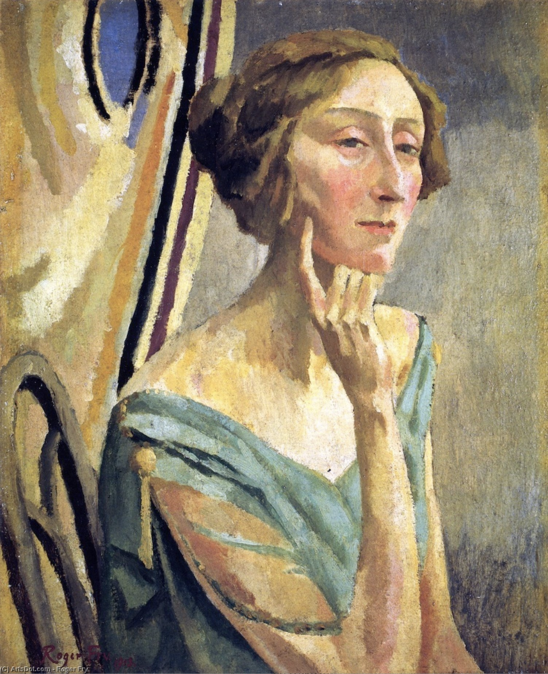 A woman with her hair in a bun resting her chin on her hand, sitting beside a patterned curtain or tapestry.
