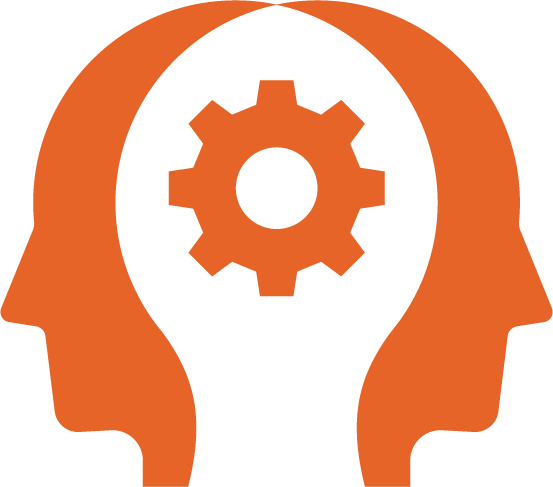 Illustration of two human heads facing opposite directions with a gear inside the head in the middle.