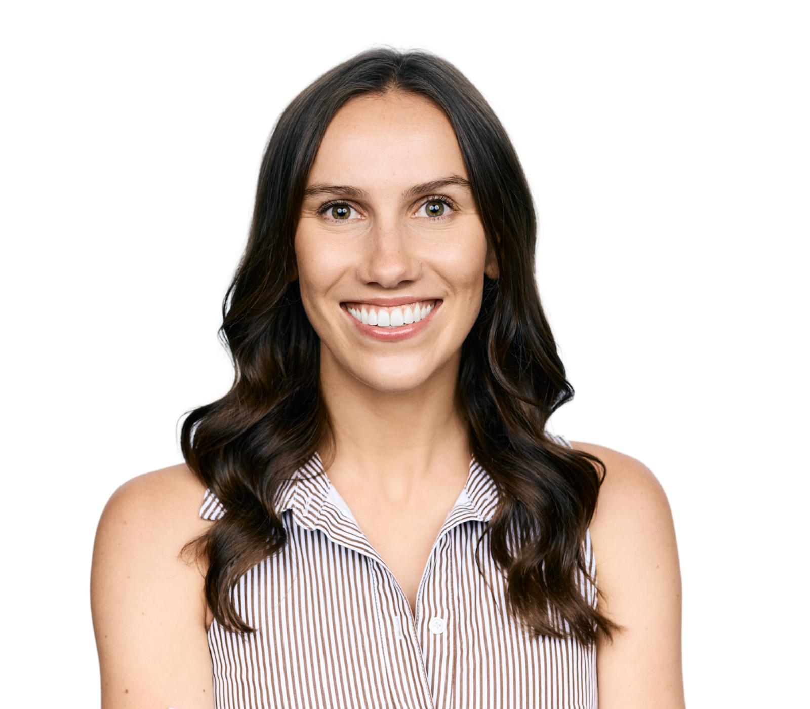 Smiling woman with brown hair, wearing a gray shirt against a white background.