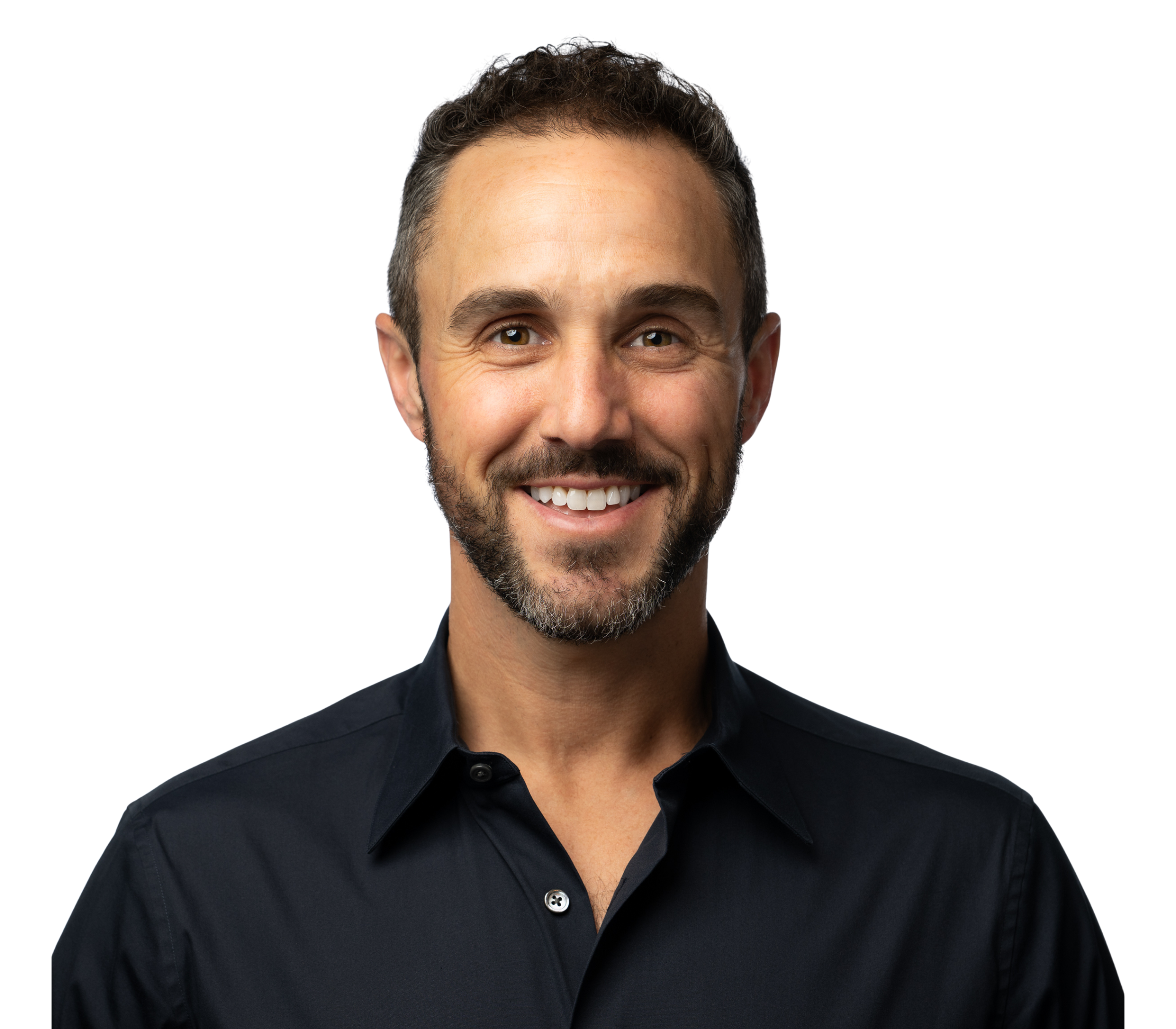 Portrait of a man with short curly hair and a beard, wearing a black shirt, against a white background.