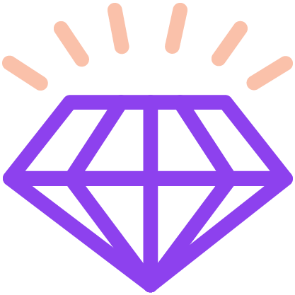 A purple diamond icon with orange rays above it, symbolizing value or quality.