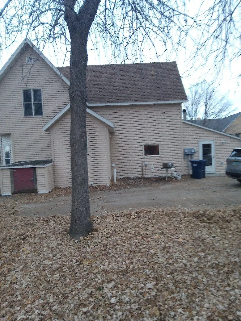 A house with beige siding, a sloped roof, and a leafless tree in the front yard, which is covered in fallen leaves.