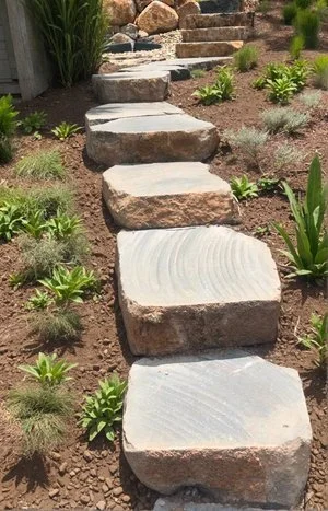 Stone pathway with square rocks surrounded by small green plants and dirt in a garden setting.