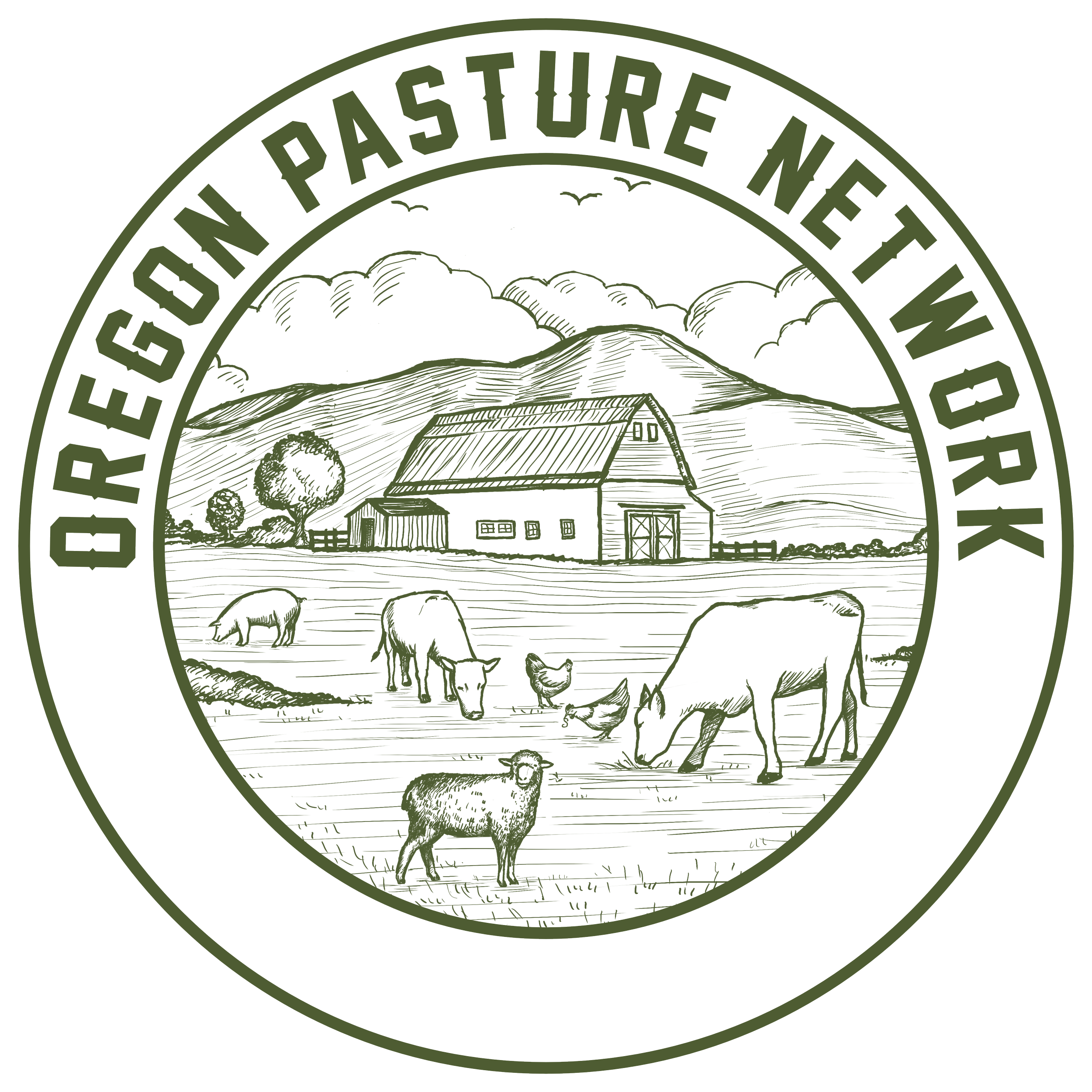 Seal of the Oregon Pasture Net Work featuring a rural scene with livestock, chickens, a barn, trees, and hills in the background.
