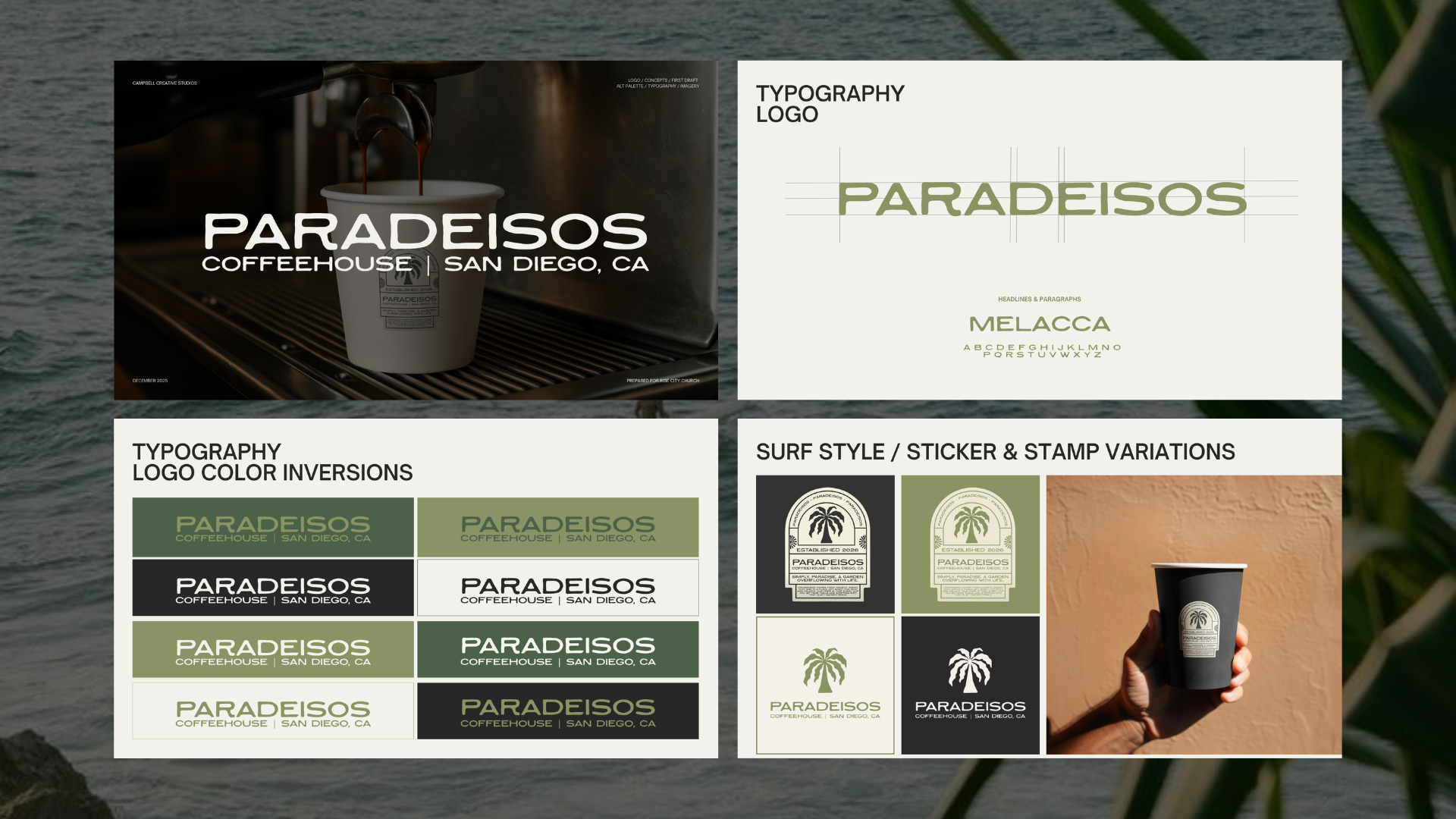 Branding and packaging concepts for Paradeisos Coffeehouse in San Diego, CA, including logo typography, color variations, and sticker designs. Shows a coffee cup, logo mockups, and style options.