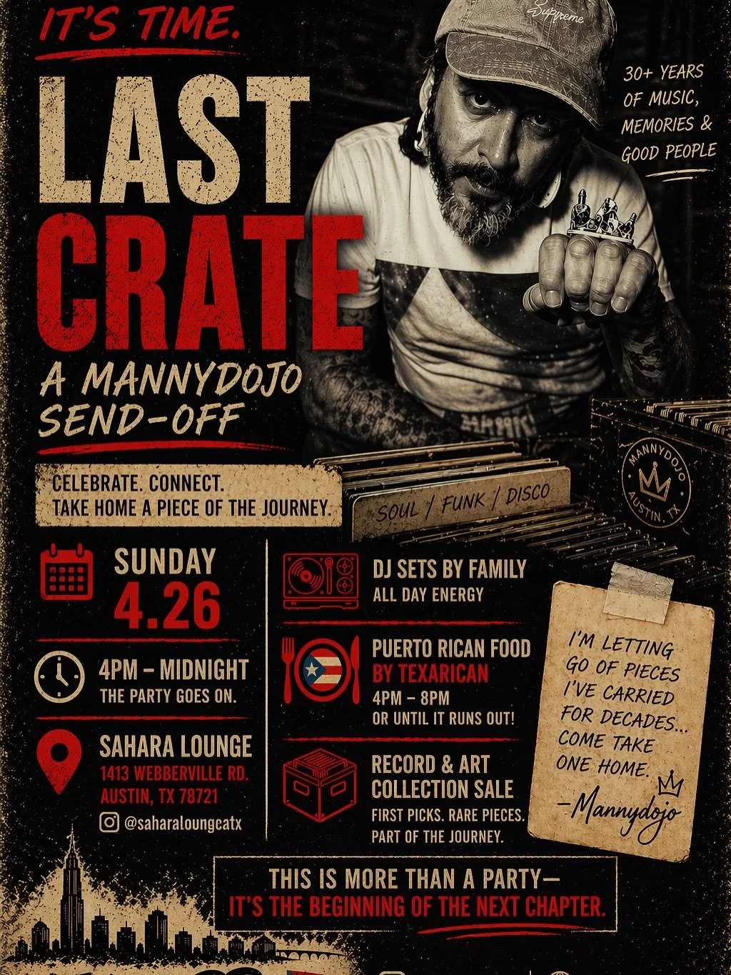 I&rsquo;m packing up and moving to PR at the end of May.  Join me tomorrow @saharaloungeatx 4pm- Midnight. I&rsquo;m getting rid of my record and art collection. I&rsquo;ll have a rack of &ldquo;manny&rdquo; vintage swag, hats, caps, etc .  Open deck