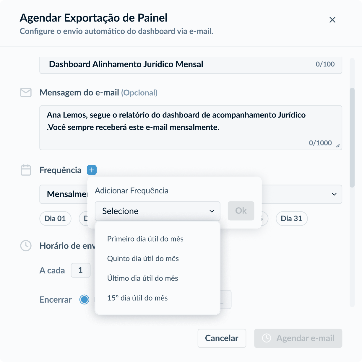 Dashboard scheduling screen for email delivery, showing recipients, subject, message, send date, frequency, and time, with an “Schedule Email” button.