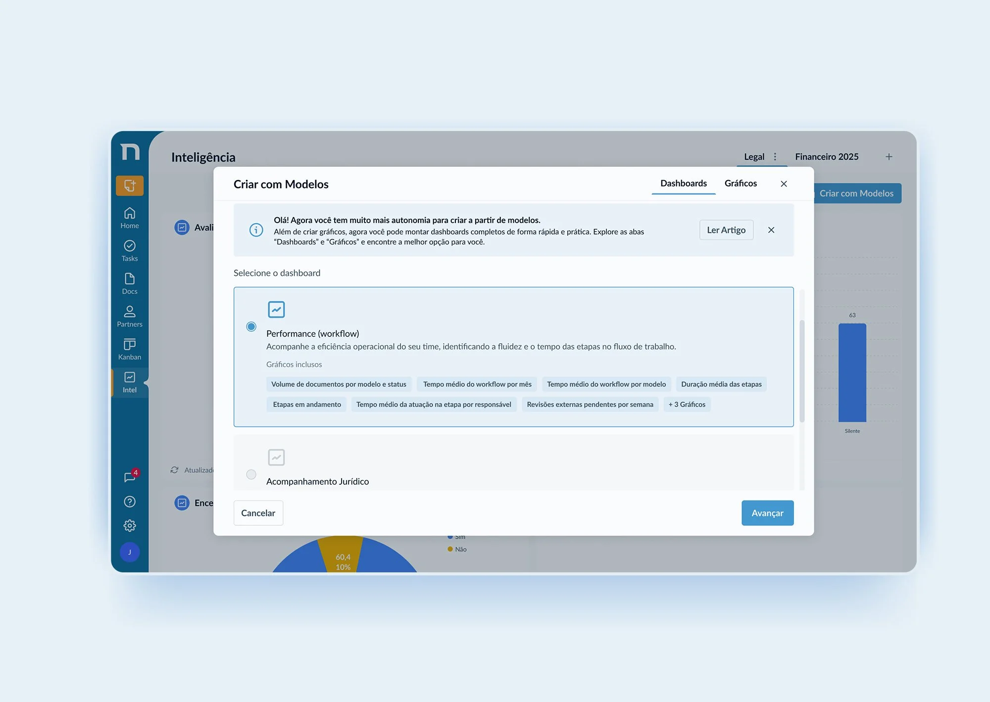 Computer screen displaying a dashboard creation interface with a side menu showing icons and labels, a main section with options for dashboards and graphs, and a pop-up window for creating a dashboard with options in Portuguese under the 'Inteligência' software.