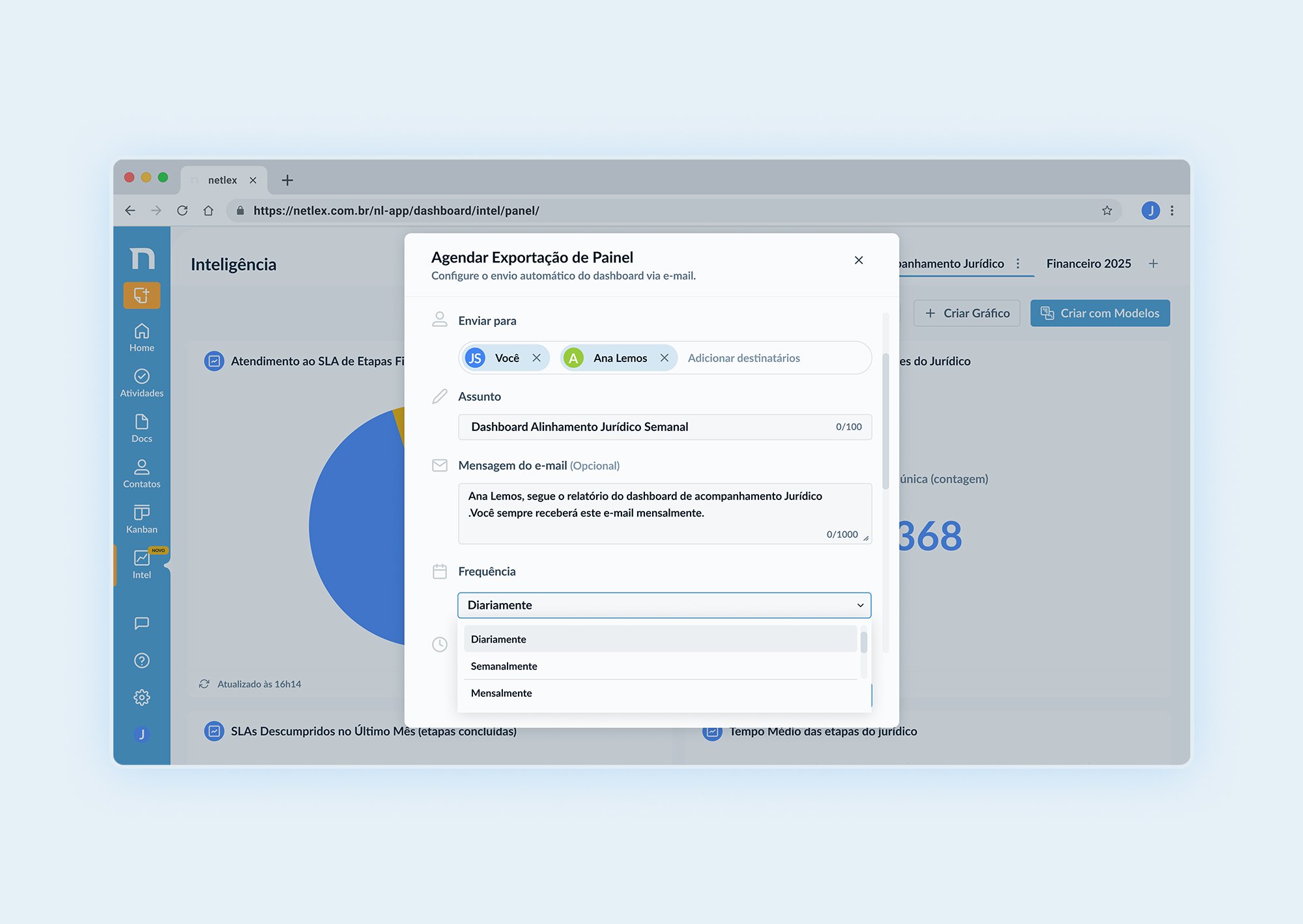 Email scheduling form with fields for subject and message, and frequency options for daily, weekly, or monthly delivery.