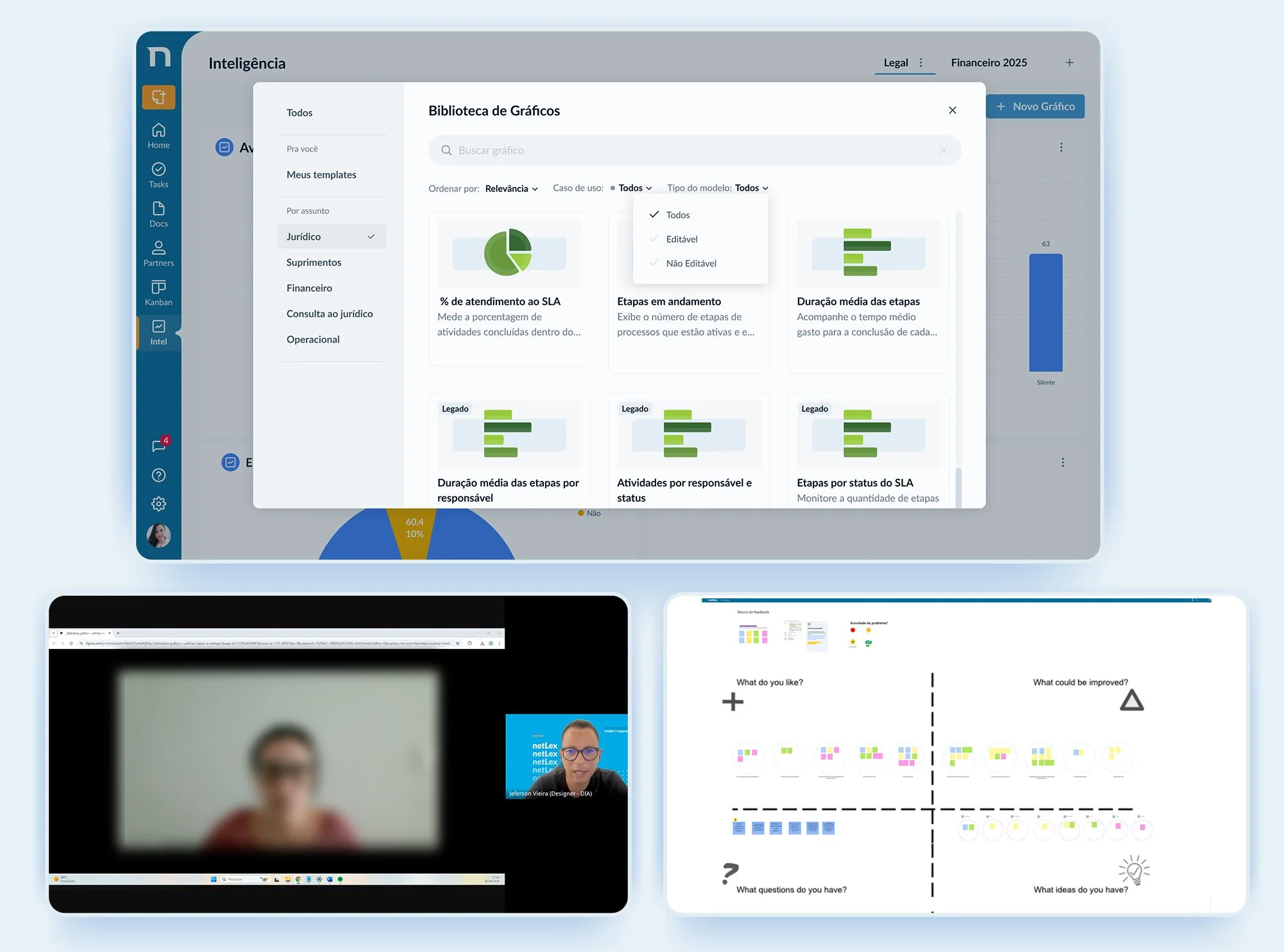 A collage of various computer screens and digital interface images. The screens display charts, graphs, a video call, and interface designs related to data analysis, business, and productivity tools.