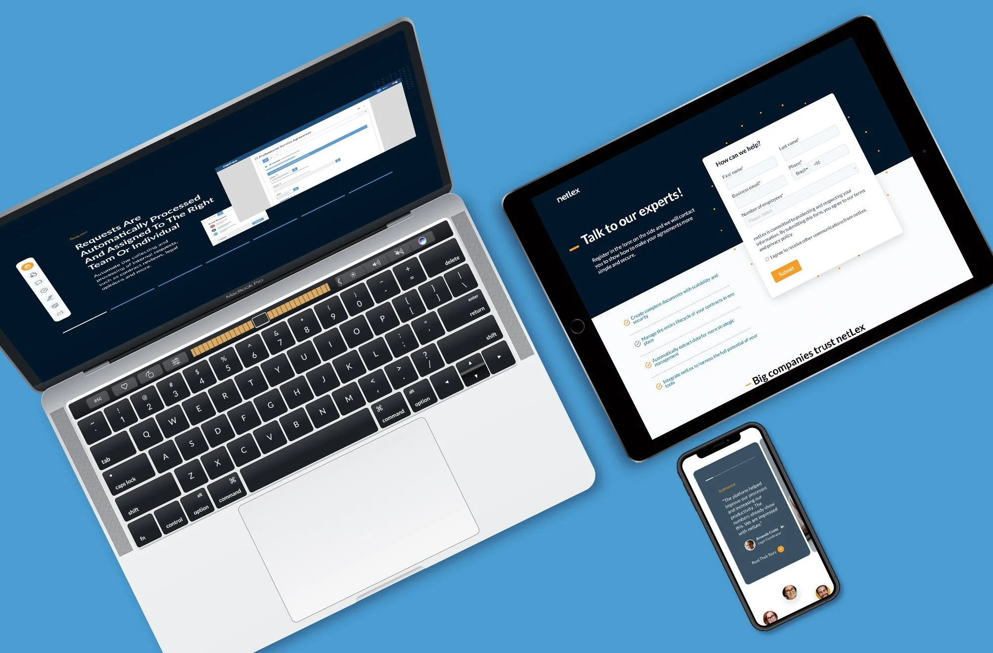 A MacBook laptop, a tablet with a presentation slide titled `talk to our eperts,' and a smartphone displaying a messaging app, all on a blue background.
