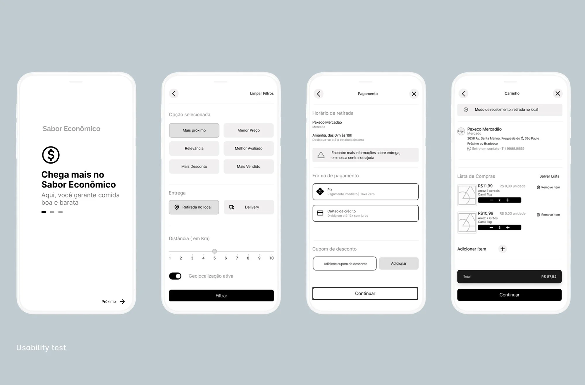 Usability test screens