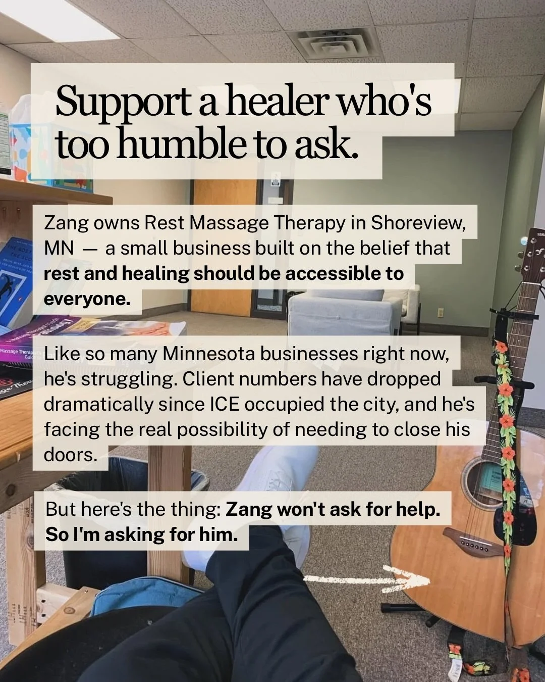 Supporting a healer who won&rsquo;t ask for help. 💚

Zang owns Rest Massage Therapy in Shoreview &mdash; a space built on the belief that healing should be accessible to everyone. Right now, like so many MN small businesses, he&rsquo;s struggling.

