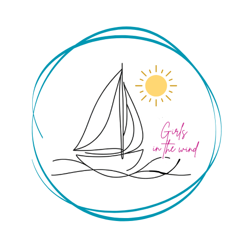 A minimalist drawing of a sailboat on the water with a sun in the sky, surrounded by blue circles, and the text "Girls in the wind" in pink.