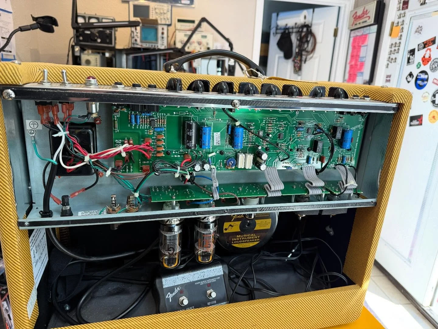 This Fender Blues Deluxe has moderate to severe plaque psoriasis. Actually, it&rsquo;s the subject of lazy and dangerous manufacturing processes. You see, Fender lines the Hot Rod and Blues amplifier cabinets with a sticky-backed foil shielding, THEN