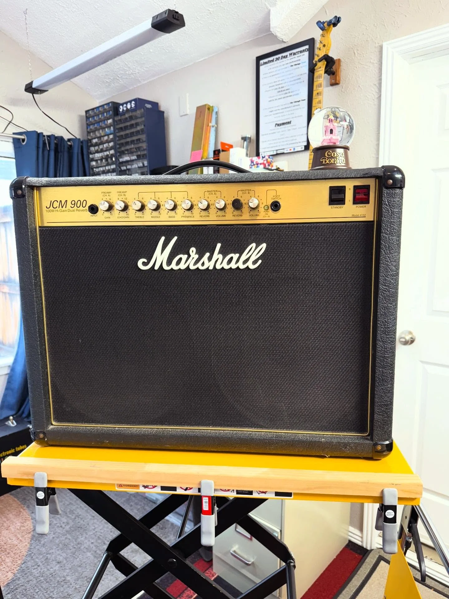 This hundred watt beast of a Marshall is in for servicing to get the snap, crackle, and pop out an the controls. I love Rice Krispies as much as the next guy, but not in my amp, amirite?