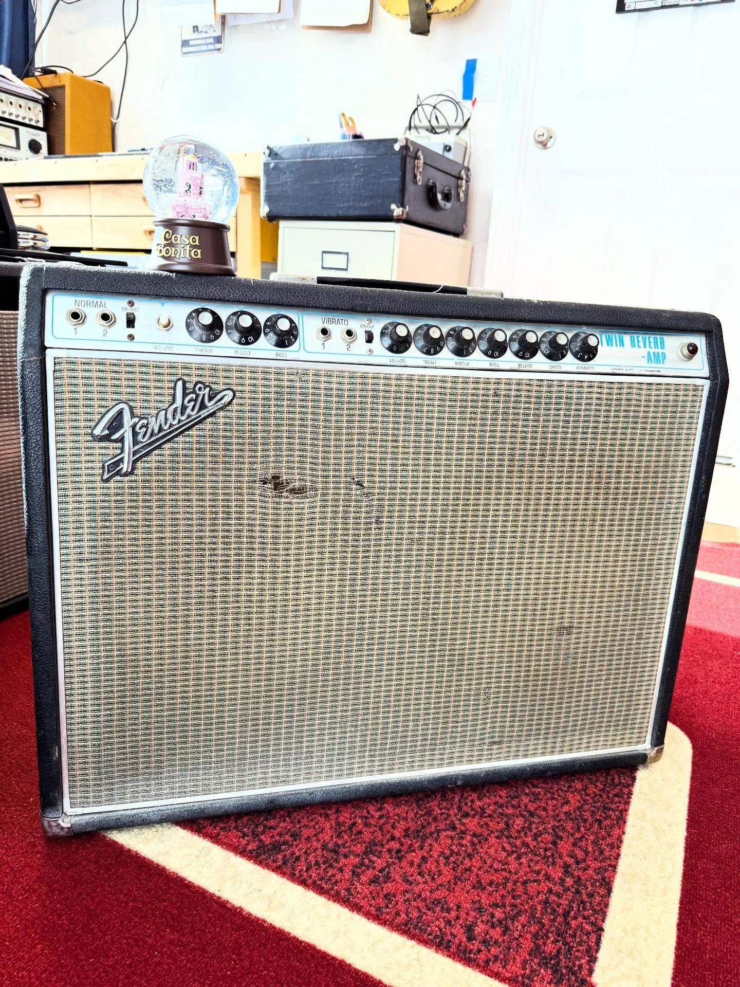 Look at the drip on her! Drip-edge, that is. This 1970 Fender Twin Reverb is in for servicing and at least a shredded AC cord replacement.