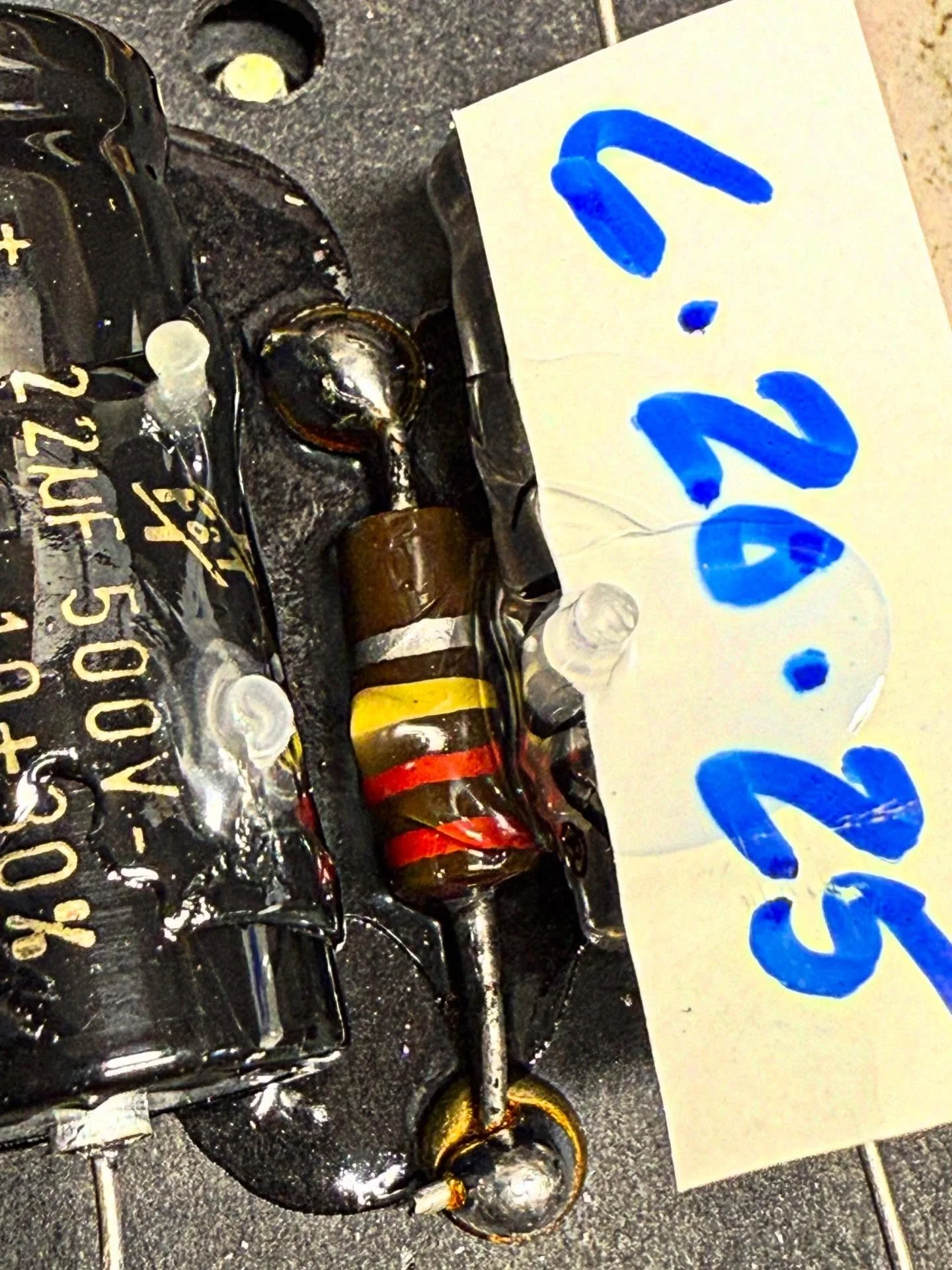 Thank you, previous amp tech, for documenting the date you poured a gallon of silicone goop over these components 👍.