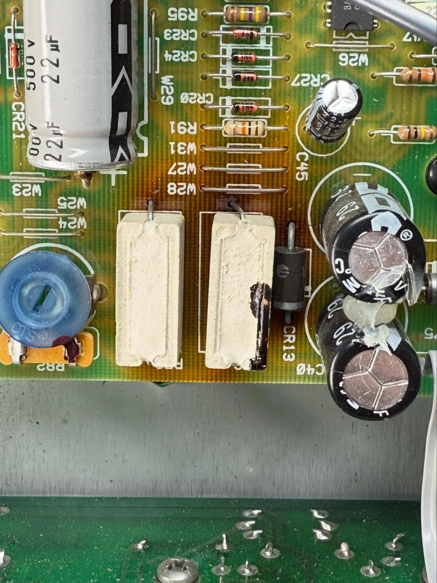 These parts are cooked! Finishing up the third of three Fender Hot Deluxe amplifiers with toasty low-voltage power supplies and electrolytic capacitors that are physically leaking toxic goo. It&rsquo;s such a trend, maybe I&rsquo;ll dress up as a coo