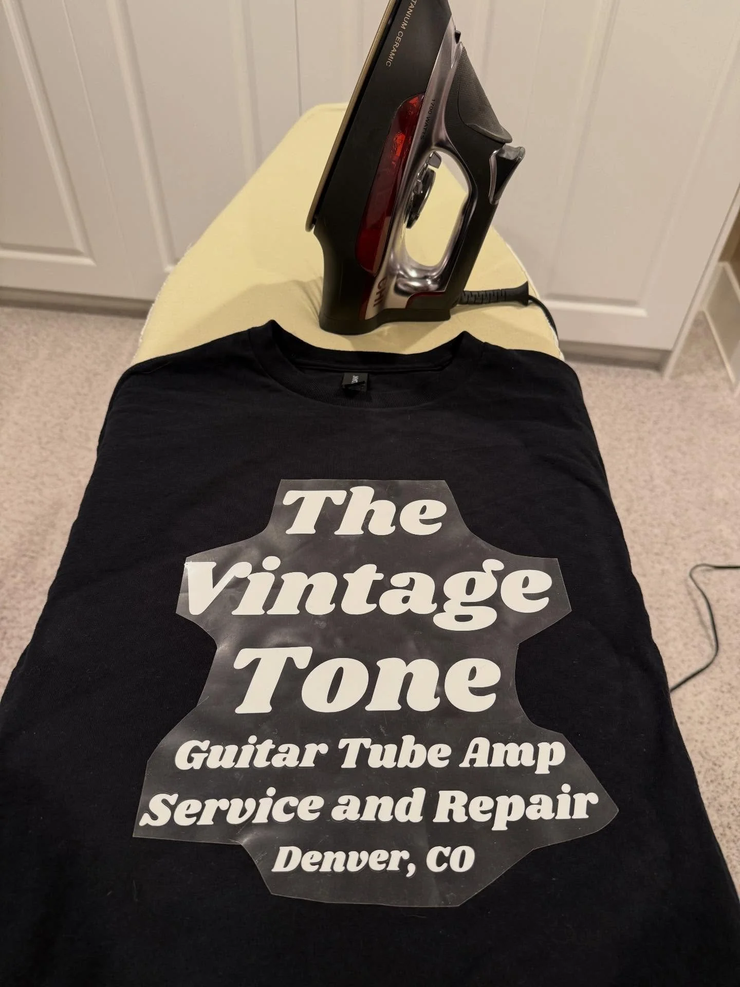 Homemade shop-shirt graphic turned out a little crooked, but then again my wife says my nose is a little crooked, so maybe the balance out.