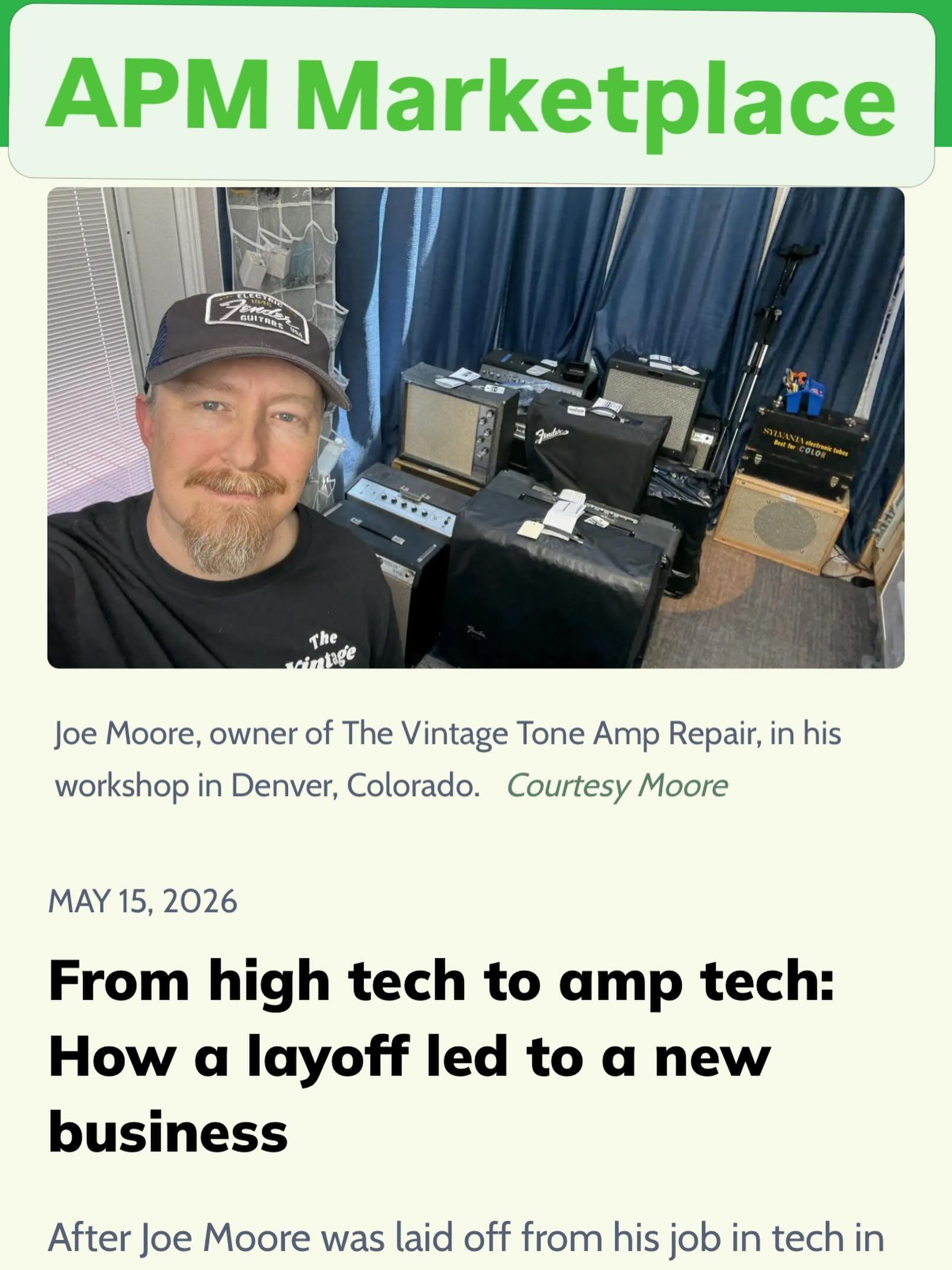 I was on the radio! Marketplace APM (public radio) honored me with a &ldquo;My Economy&rdquo; segment about my journey from high tech to amp tech. Link in bio. Thanks @marketplaceapm!