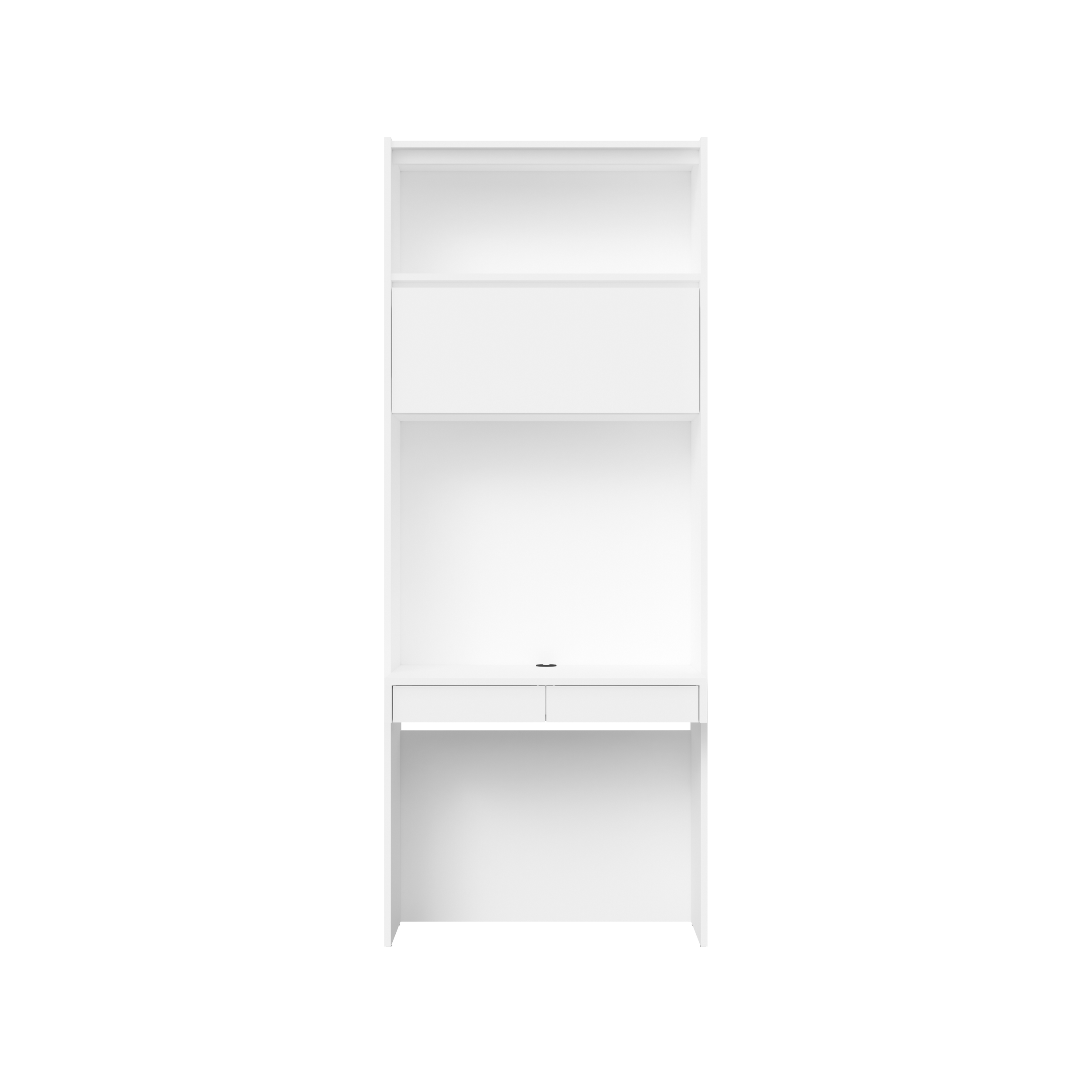 White bookshelf with four shelves and two drawers in a desk at the bottom, set against a plain white background.