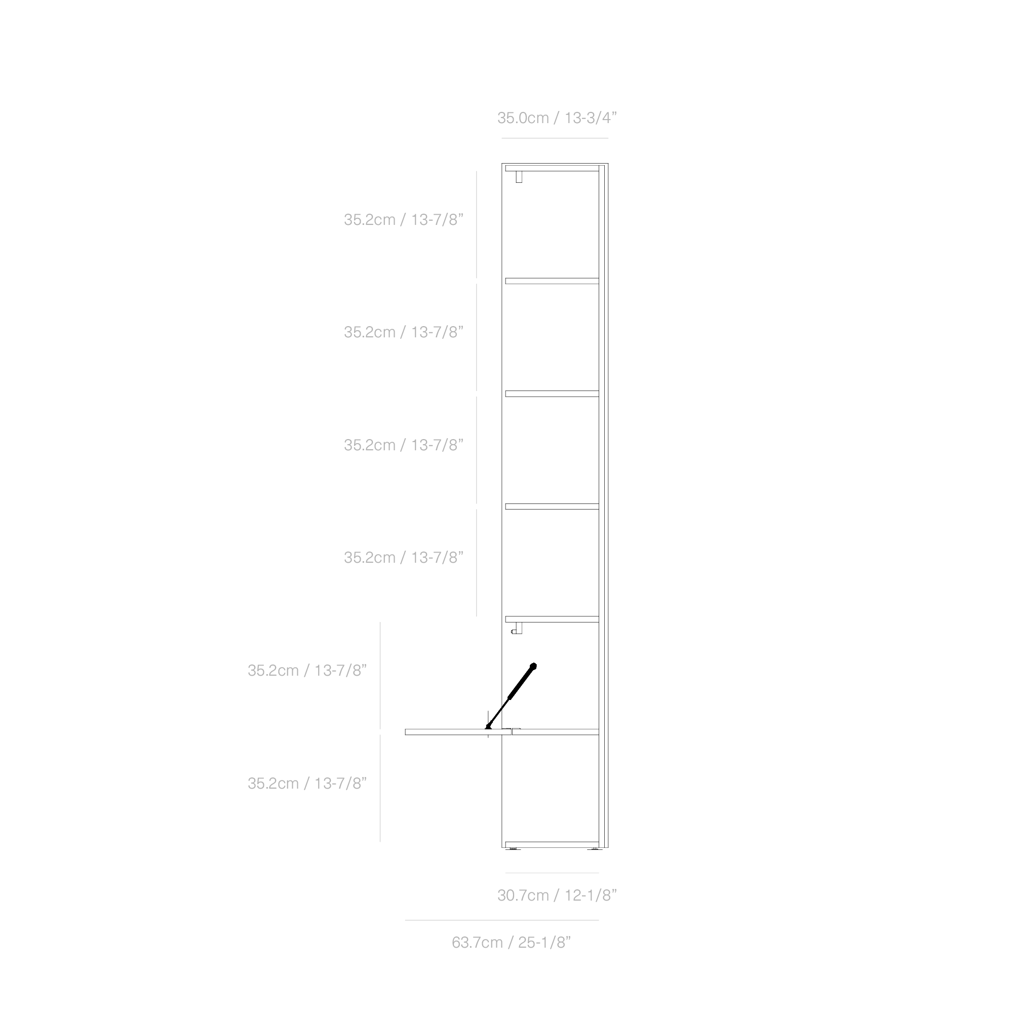 A black and white technical drawing of a cabinet with measurements in centimeters and inches, showing an object with detailed specifications.