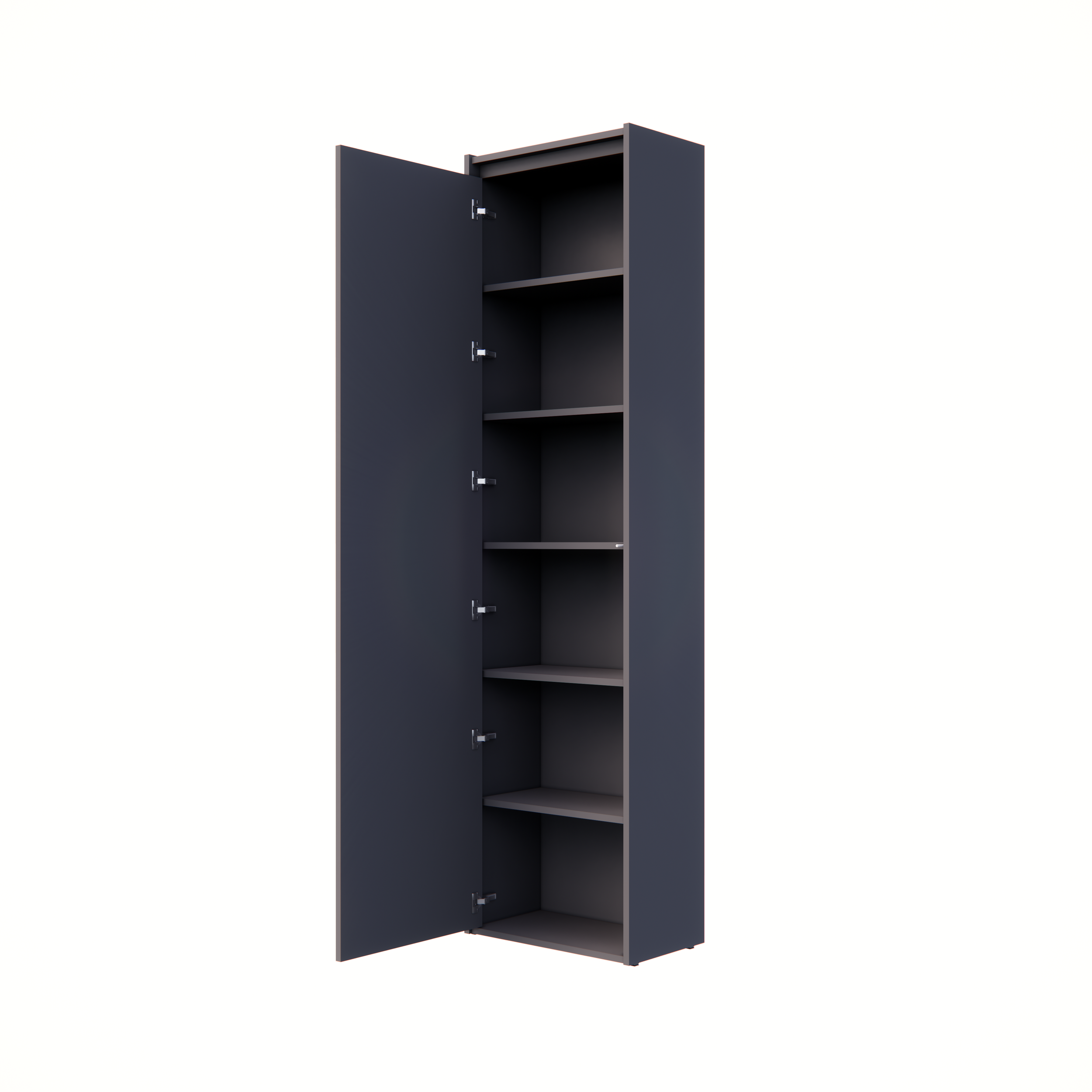 A tall, dark gray metal storage locker with an open door showing five shelves inside.