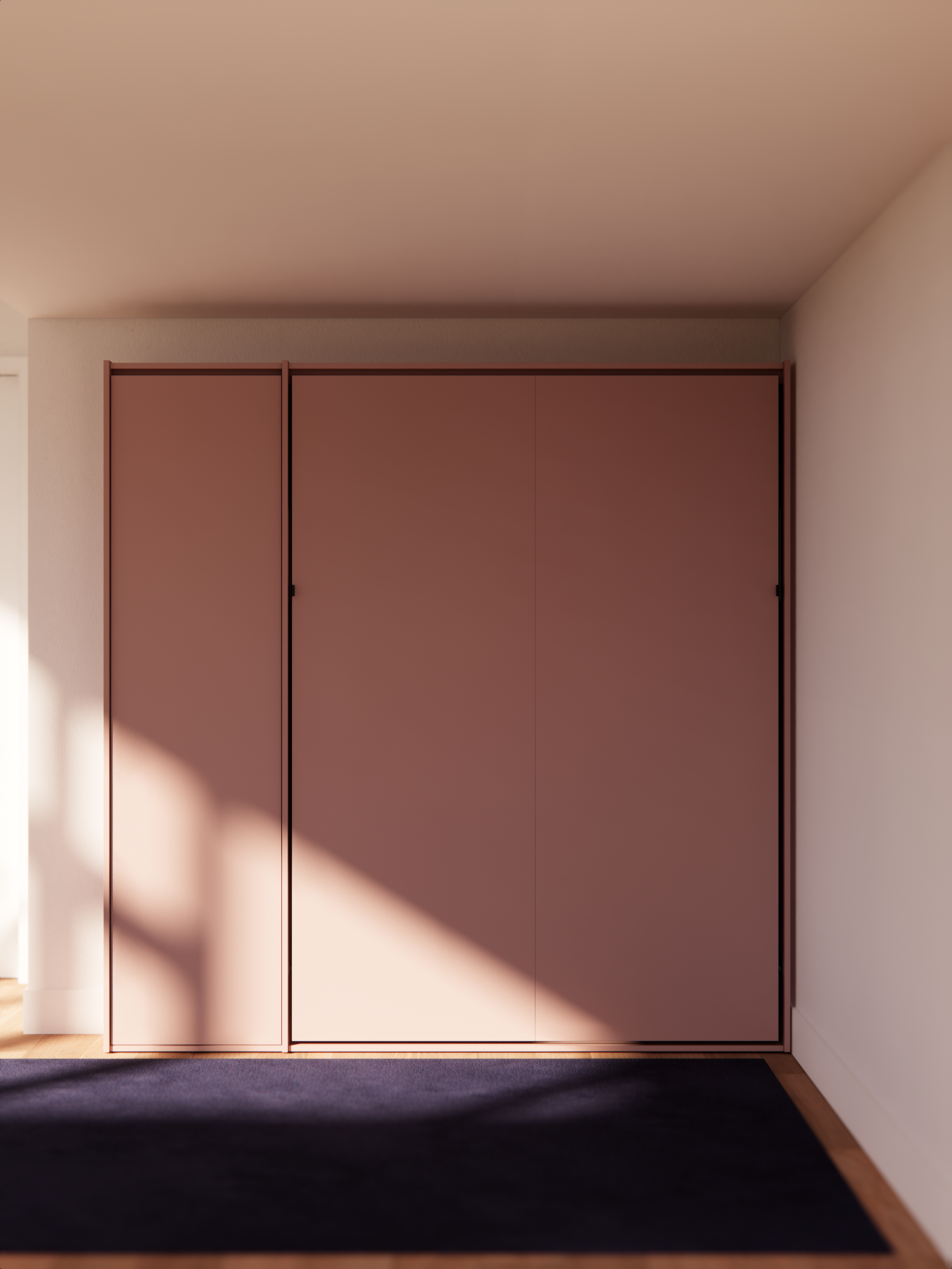 Closed pink wall bed in a room with sunlight casting shadow on it, black rug on wooden floor.