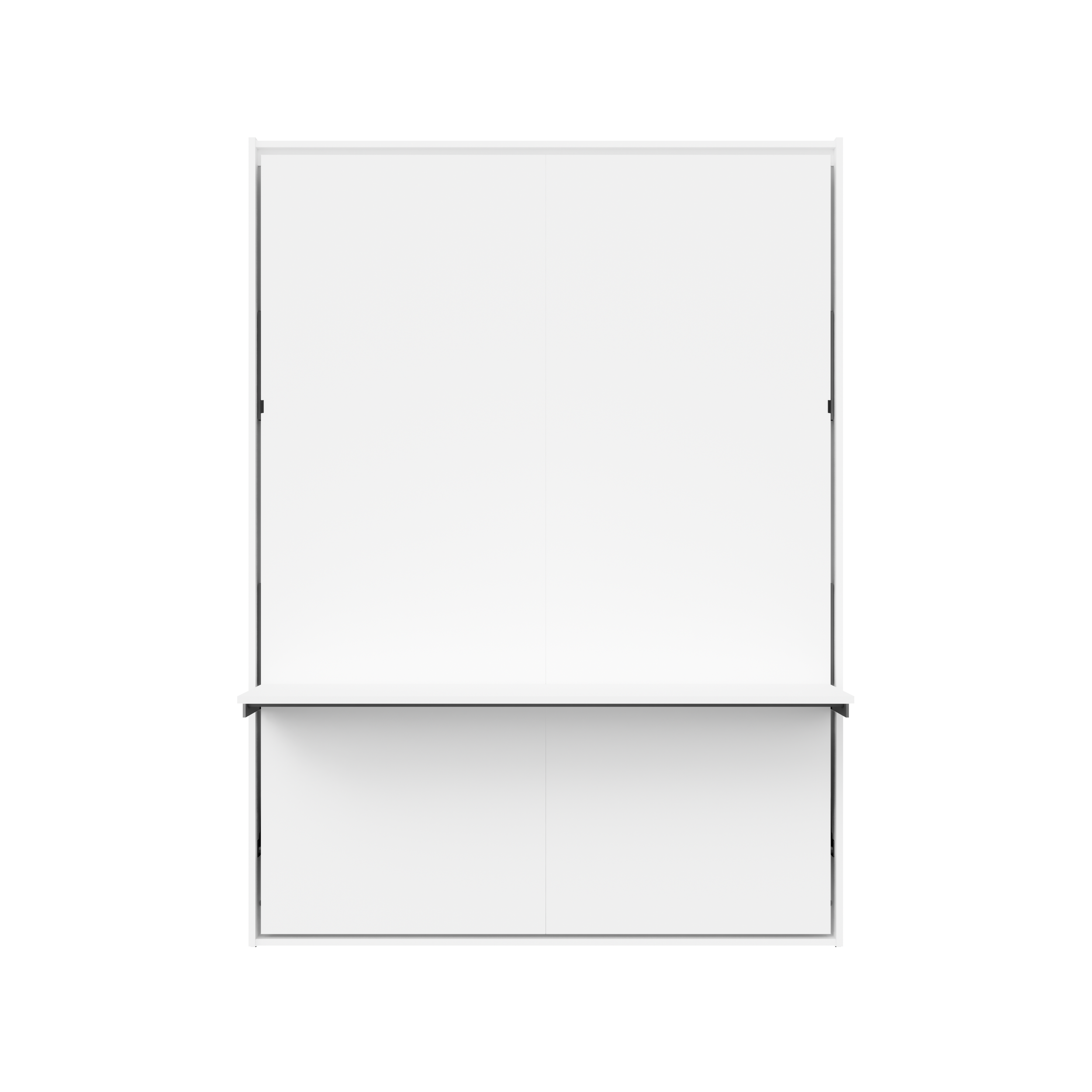 Minimalist wall bed shown in closed position with attached desk.