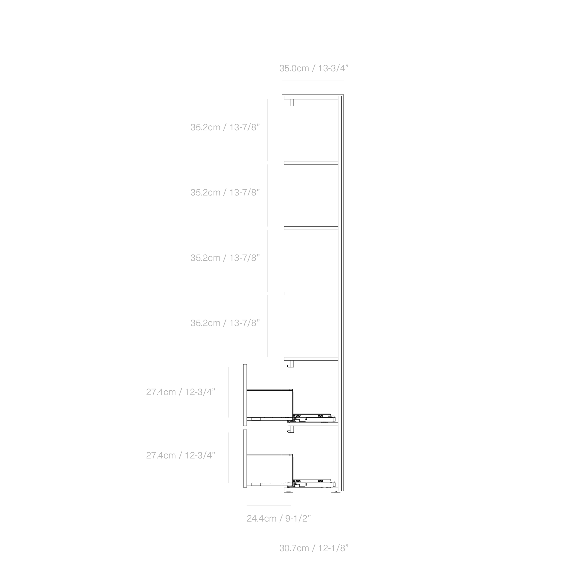 A black background with measurements in centimeters and inches for a rectangular object, showing various lengths and widths marked with white lines and text.