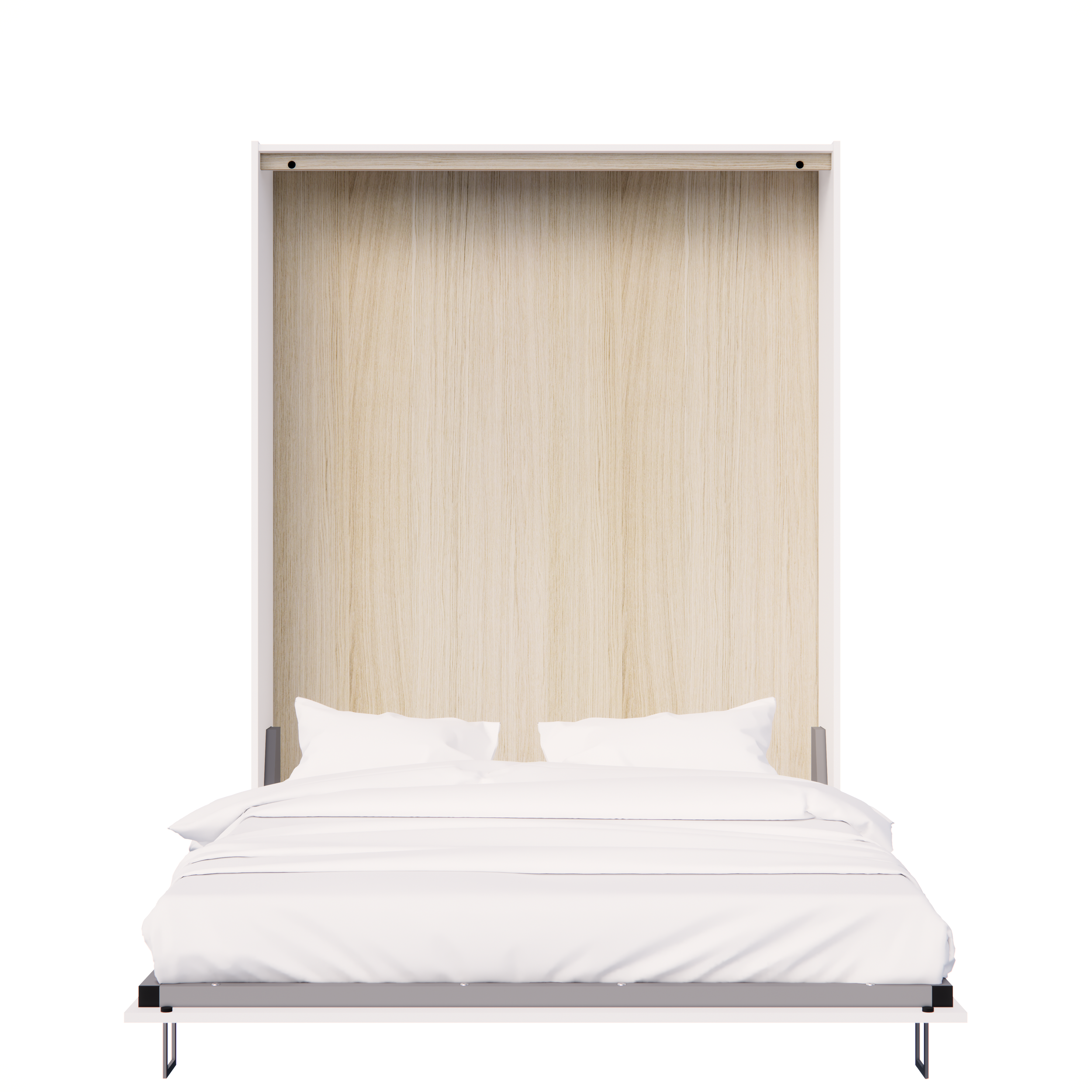 Minimalist wall bed with white bedding and pillows, stylish wooden headboard, and integrated frame.