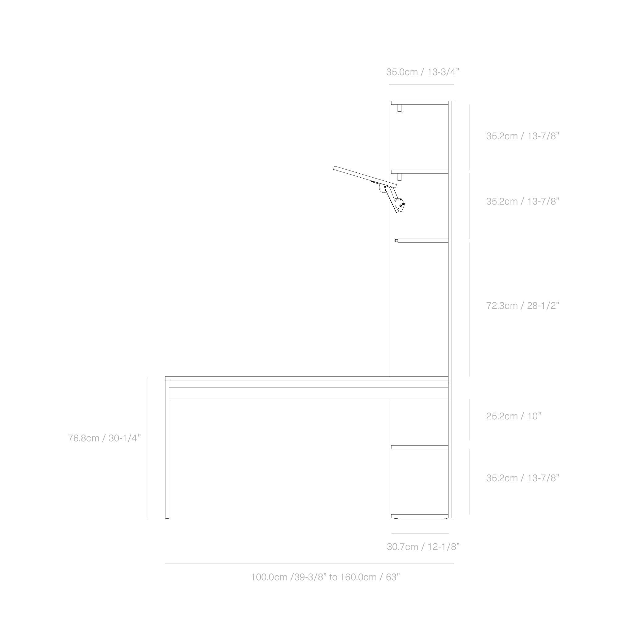 A blueprint of a rectangular bookshelf with dimensions labeled for height, width, and depth in centimeters and inches.