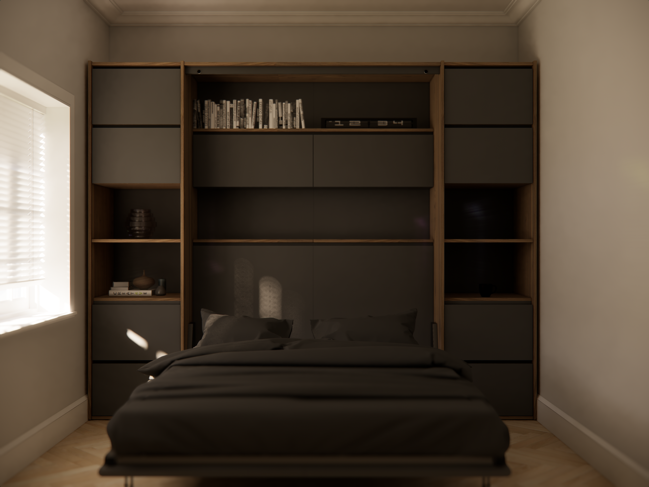 A cozy bedroom with a black bed, gray bedding, and books on a shelf above, in front of a large window with white blinds.