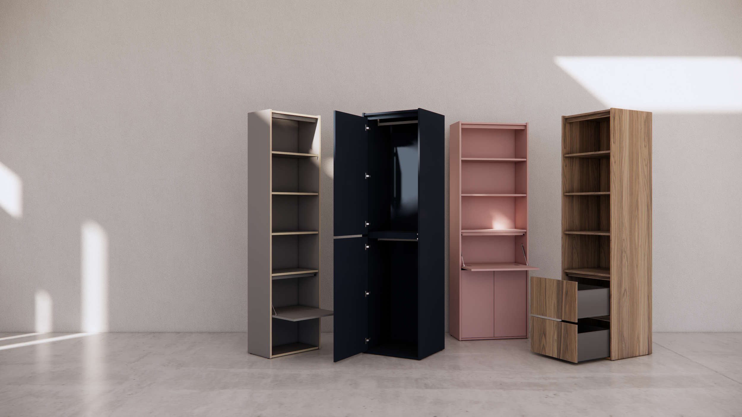 Four empty bookshelves of different colors and finishes standing against a plain white wall in a room with natural light.
