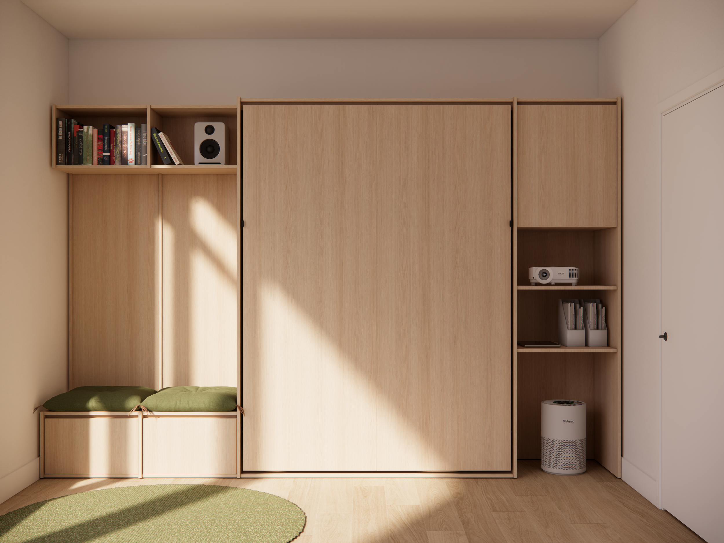 A wooden wardrobe with open shelves on one side, containing books, speakers, a projector, binders, and a small trash bin near the bottom.